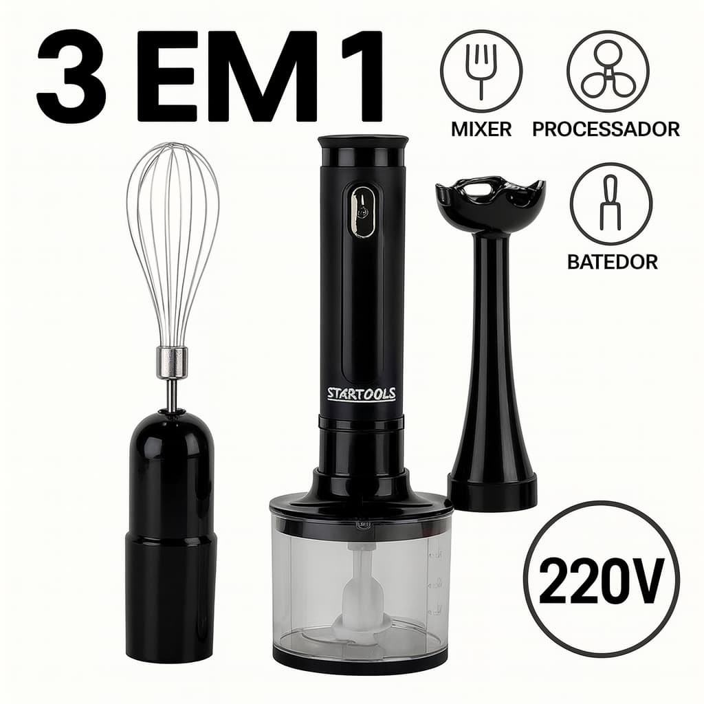Kit 3 Em 1 Mixer Processador Batedor Alimentos Vitamina Receitas Multiuso Cozinha Restaurante