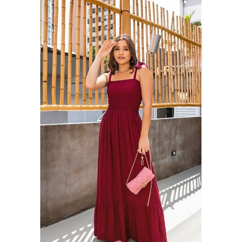 Vestido Feminino longo com alças ajustáveis e lastex TECIDO CREP TWIL para entrega imediata