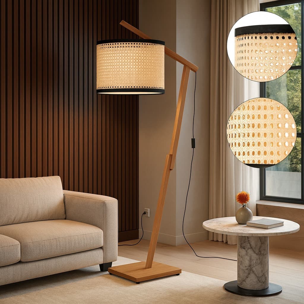 Luminária de Chão Aurora em Madeira com Cúpula de Palha Natural Design Moderno Sala Quarto Decoração Iluminação