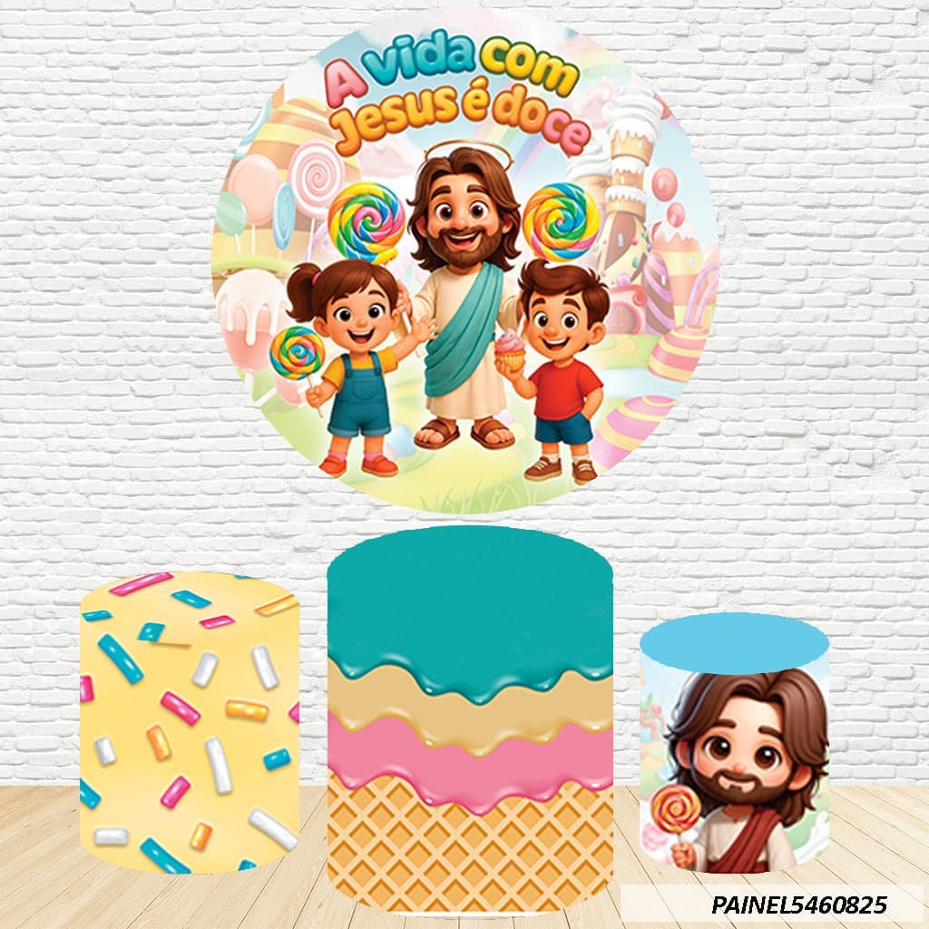 Kit de Capas Painel Redondo Sublimado Jesus 1,50M + Trio Capas de Cilindro C/Elástico