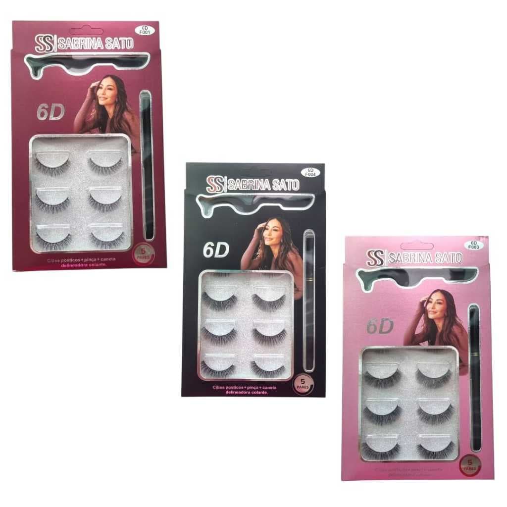 Cílios Postiços 5 Pares Mas Pinça e Caneta Delineadora Colante Sabrina Sato 6D