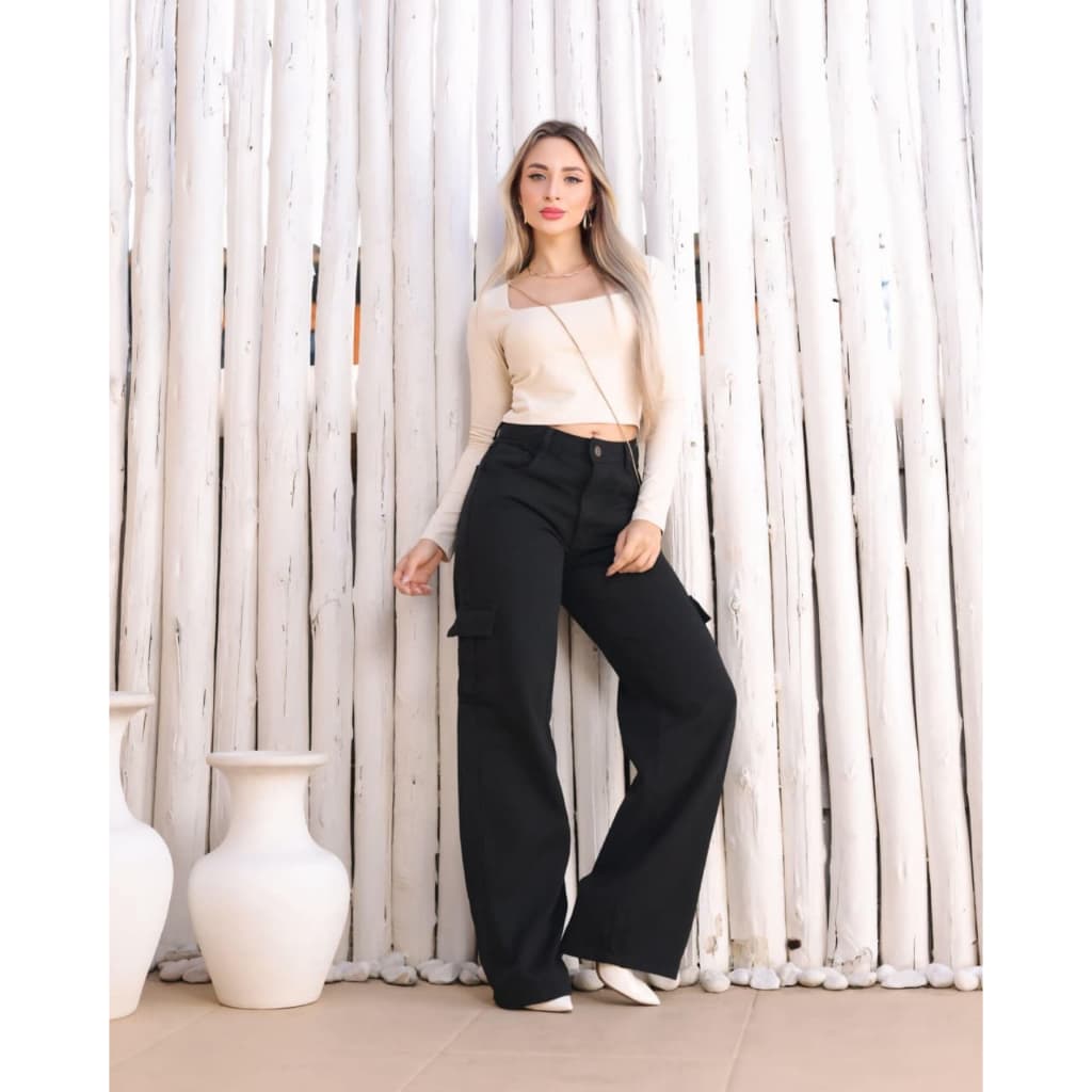Calça Jeans Feminina Wide Leg Cargo Pantalona Preta Cintura Alta Premium Tecido Grosso Confortável