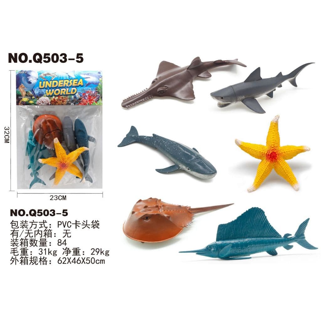 Kit com 6 Animais tem Tubarões, estrelas do mar, tartarugas, caranguejos, tubarões pontiagudos