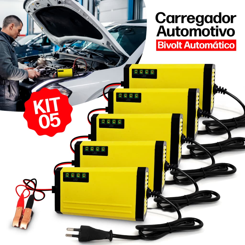 Kit 5 Carregador de Bateria Chupeta Automotivo Carro Moto Tomada Fonte 12v Cabo Automotiva Smart
