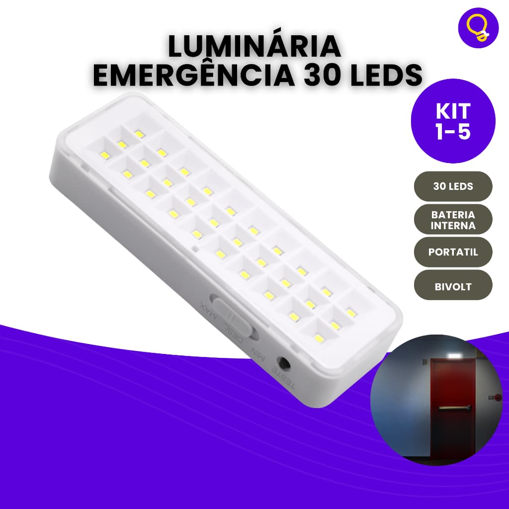 Kit Luminária de Emergência Bateria Recarregável Luz Branco Frio Lâmpada 30 leds 110v 220v Bivolt