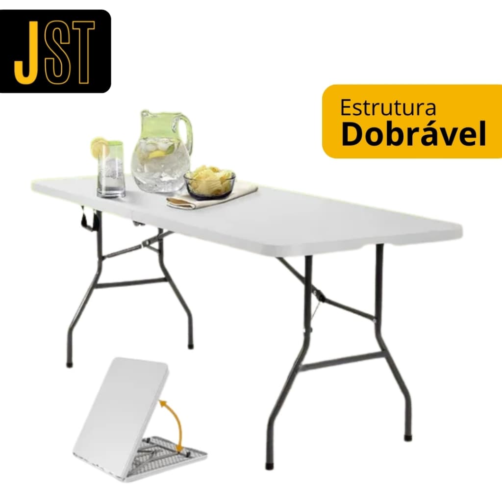 Mesa Dobrável Portátil de Camping 1,80m Branca com Alça Maleta JST