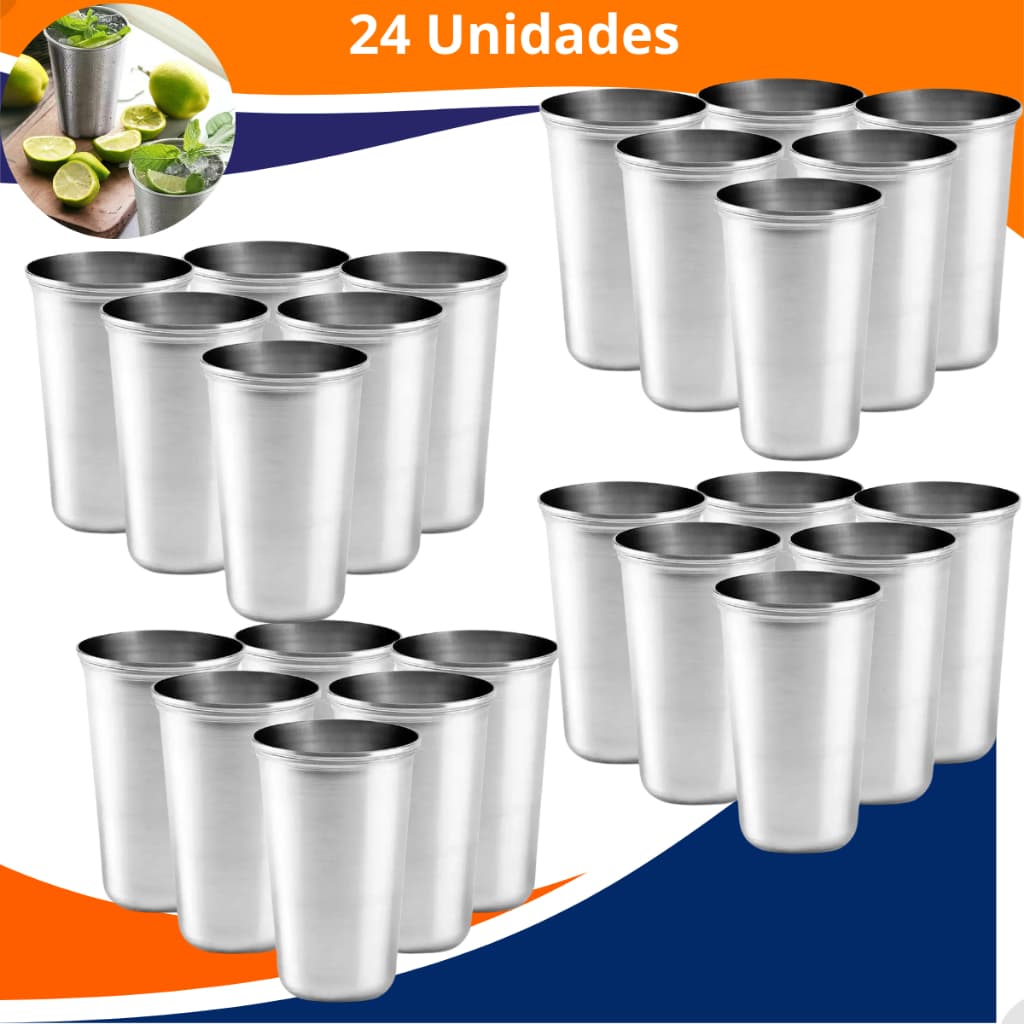 Jogo de Copo de Inox 250ml Resistente Durável P/ Crianças Sucos Agua Refri Conjunto de 12 Copos