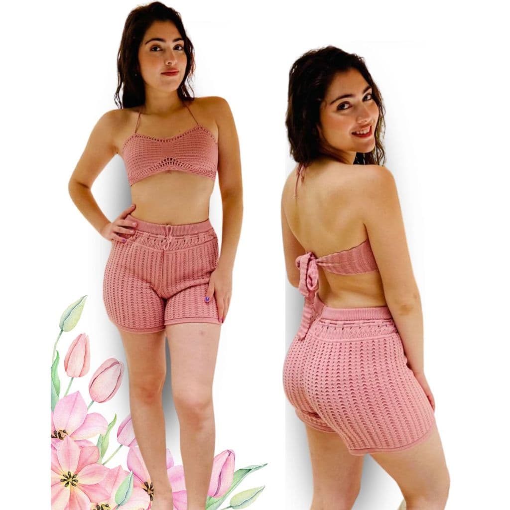 Conjunto Saída de Praia e Piscina Feminino Tricot Cropped Top Shorts Tendência Charmosa Moda Verão