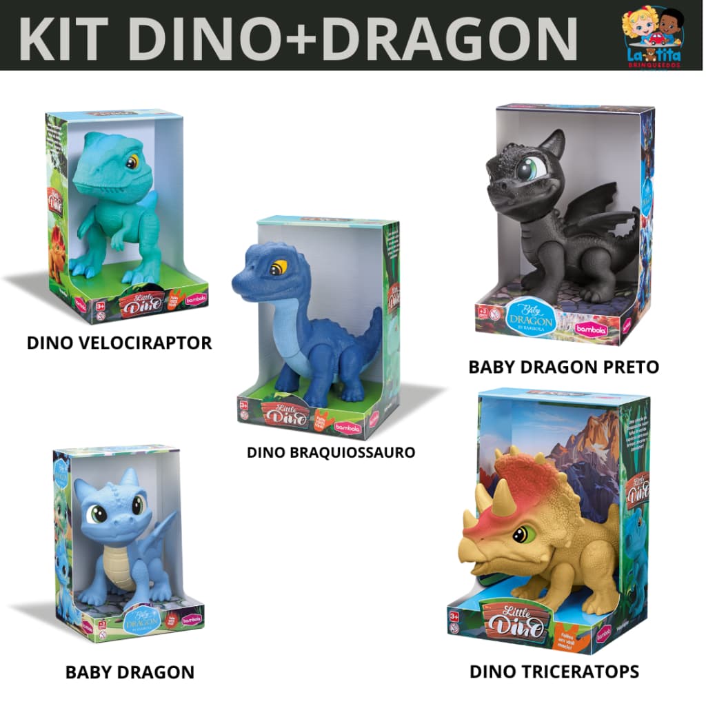 Kit 5 Dinossauro Baby Vinil Dragon Dragão Velociraptor Braquiossauro Triceratops Grande Vinil 22cm