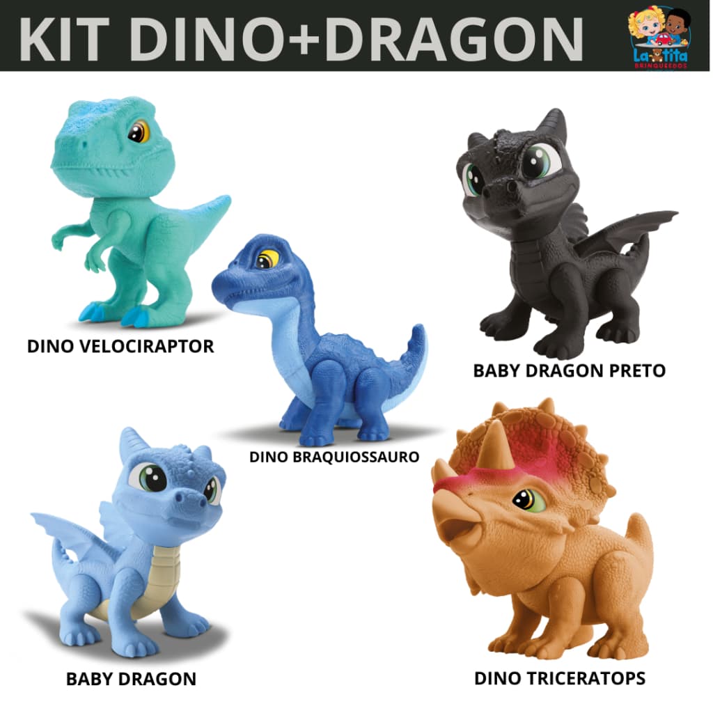 Kit 5 Dinossauro Baby Articulado Dragon Dragão Velociraptor Braquiossauro Triceratops Grande Vinil 22cm