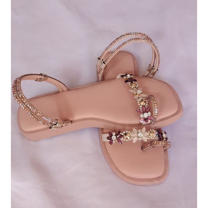 Sandália Rasteira Feminina Luxo Pedraria Strass Brilhante Confortável Tira Dupla Elegante Sandália de Qualidade Premium