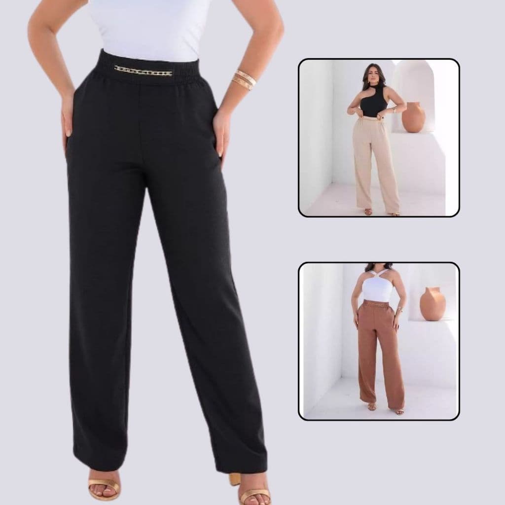 Calca Pantalona Feminina em Duna Linho Alfaiataria, Cinto fake, Correntinha Charmosa e Elegante.