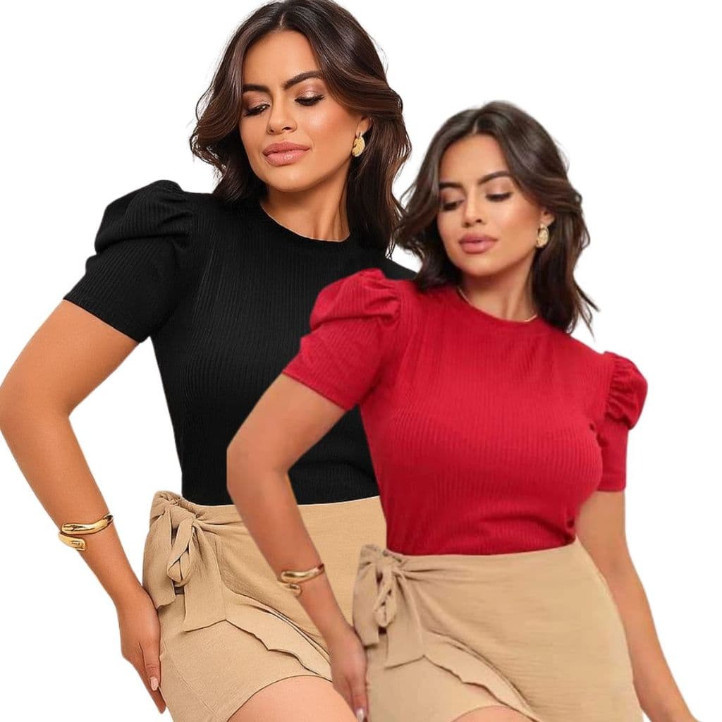 Kit 2 Blusa Feminina Canelada Manga Princesa Bufante Blusinha Manga Curta Moda Evangelica Feminina Sem Bojo