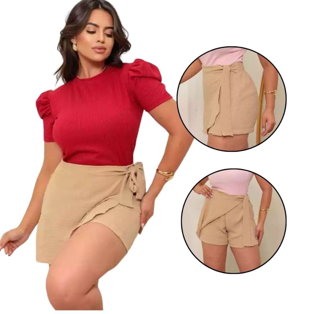SHORT SAIA FEMININO EM DUNA, C/AMARRACAO LAÇO LATERAL, COM ELASTICO E ZIPER SOCIAL FASHION.