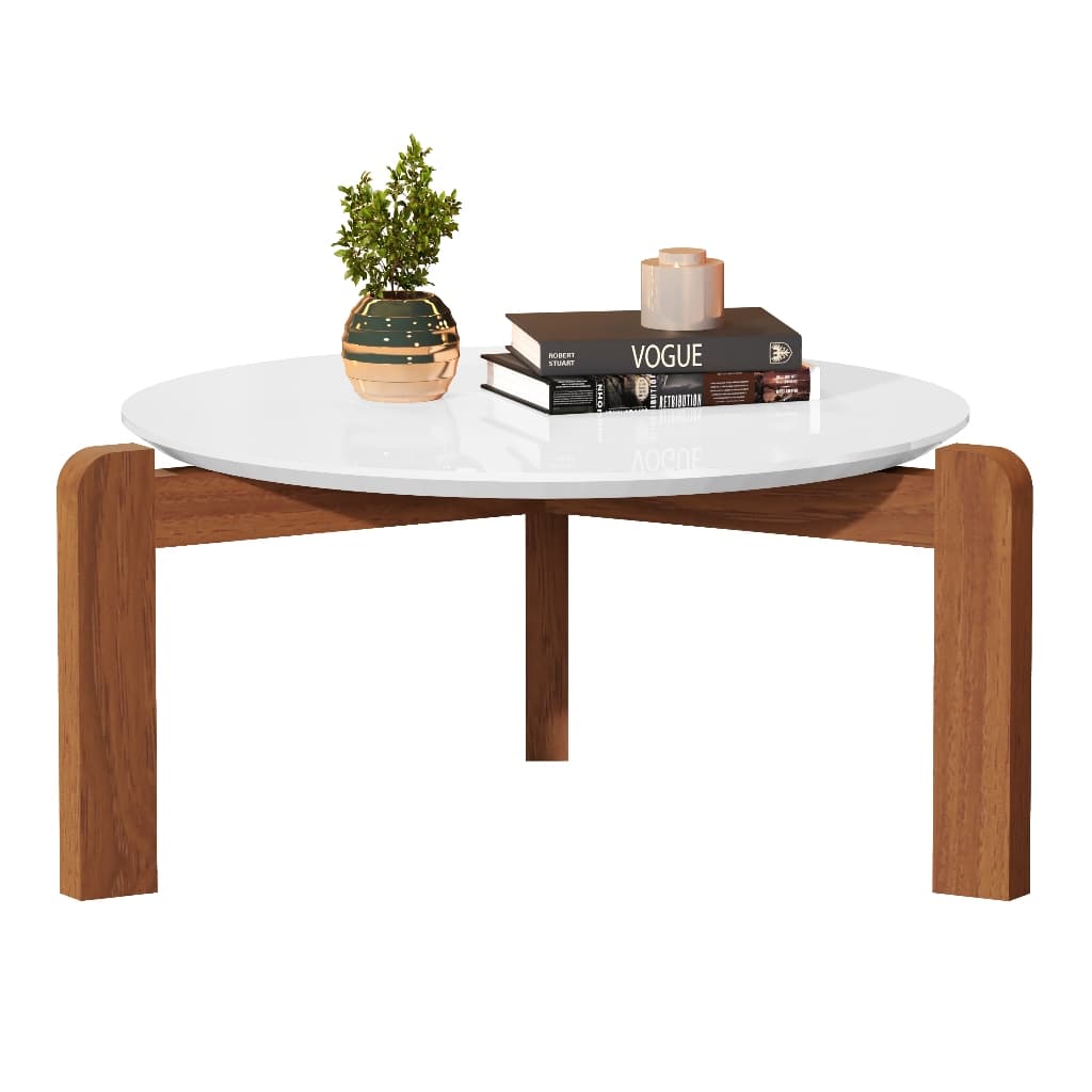 Mesa de Centro Áustria Para Decoração Design Moderno Pés em Eucalipto Tampo Redondo Branco Para Sala