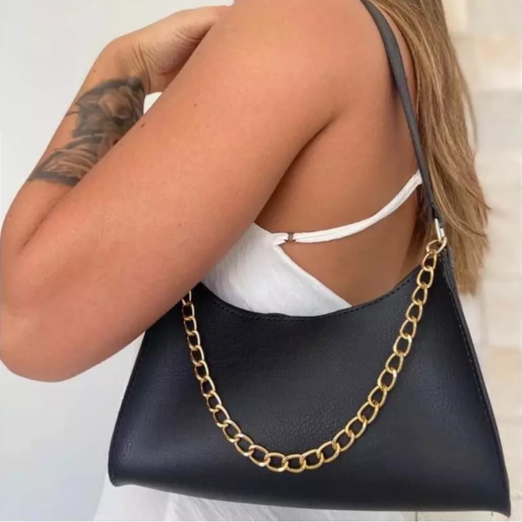 Bolsa Feminina Baguete Lisa de Mão Pequena Corrente de Ombro Balada