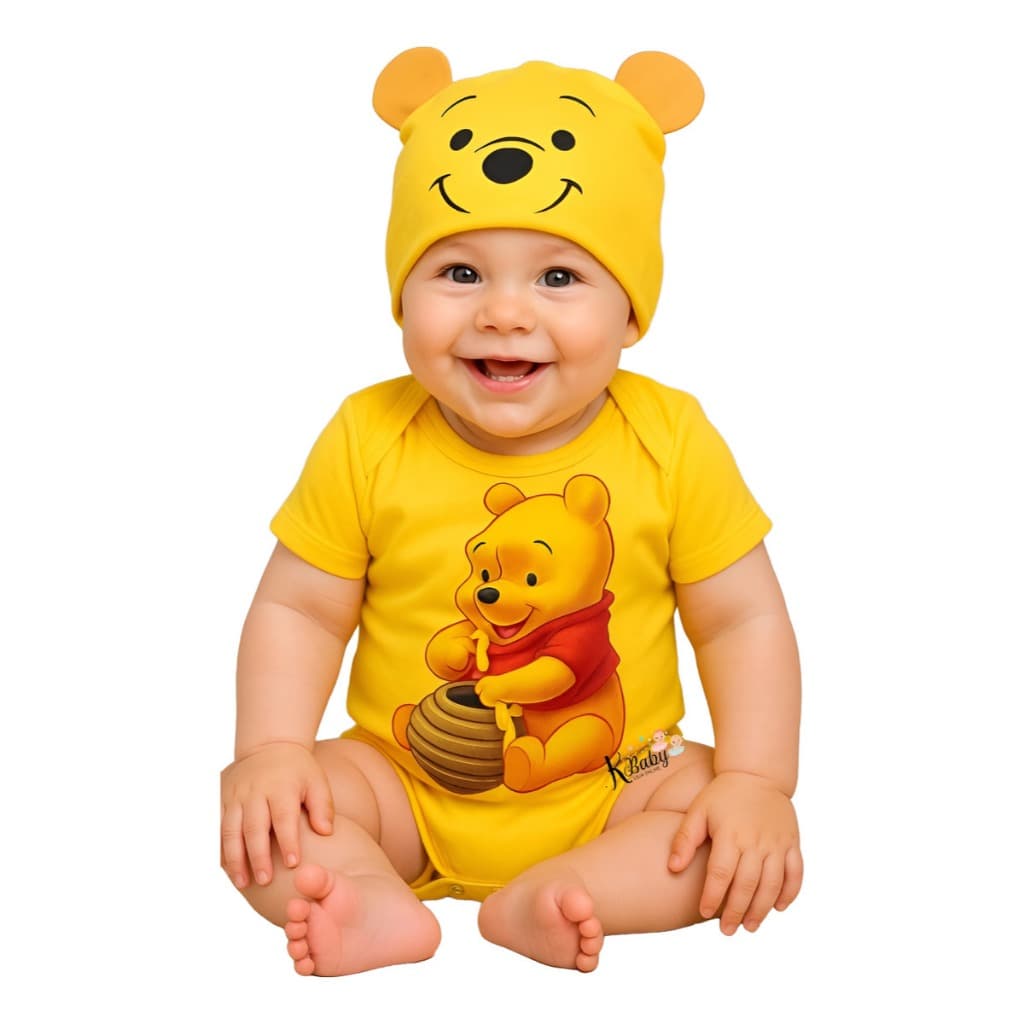 Body Bebê Tématico ursinho  + Touca Mêsversario Fantasia pooh