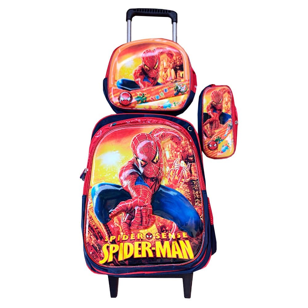 Kit Mochila do Homem Aranha com Rodinhas + Lancheira Térmica + Estojo Escolar Infantil em 3D