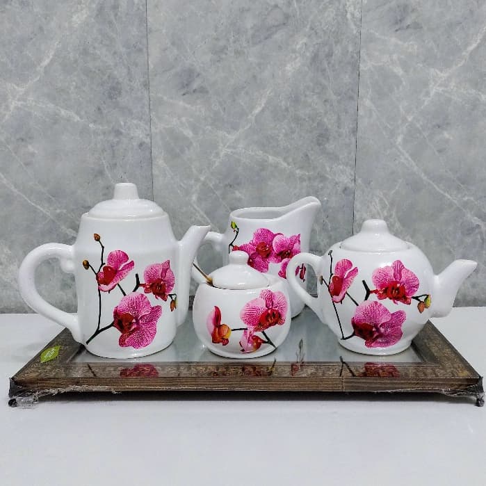 Bule 1 litro  Chaleira 700 ml Leiteira 850 ml e Açucareiro 350 ml Flor de Orquídea Clássico Cerâmica