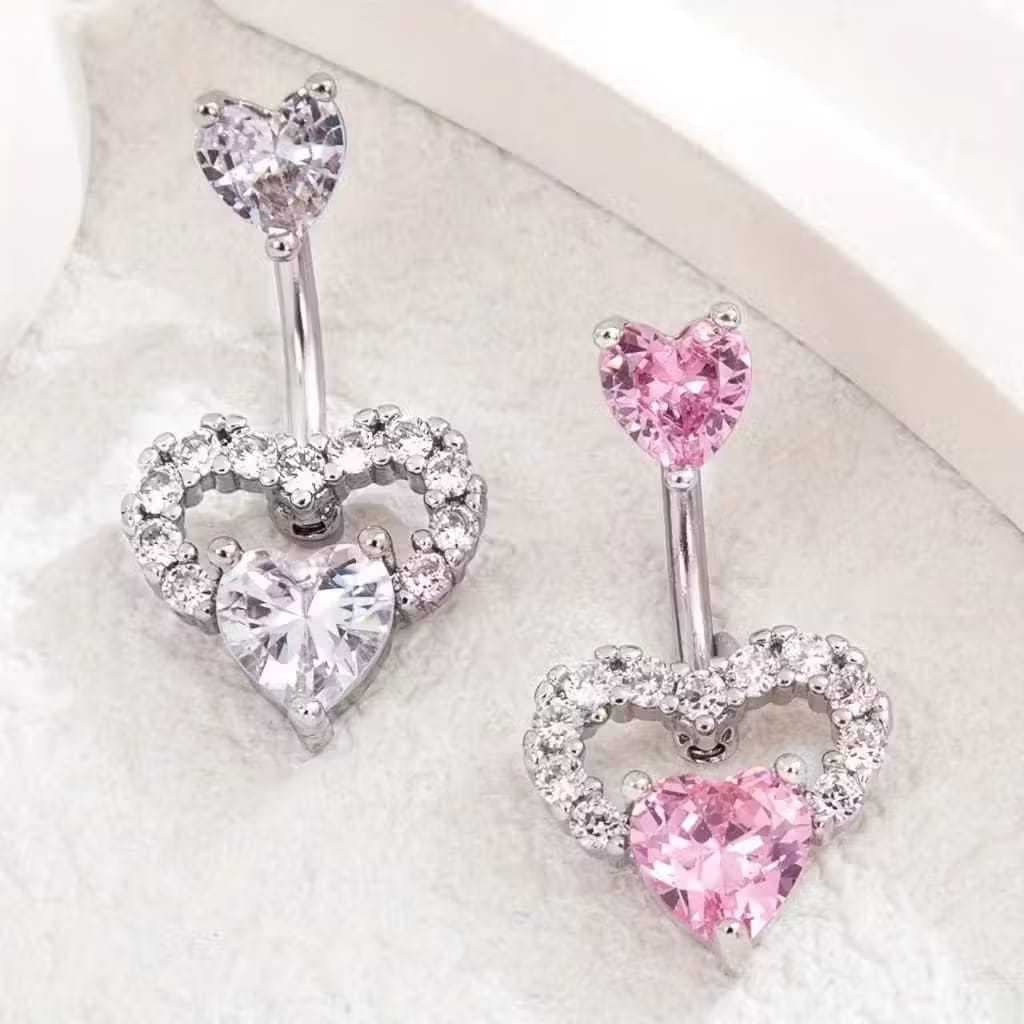 Piercing de Umbigo Com Dois Corações Pedraria em Zirconia-Prata e Rosa