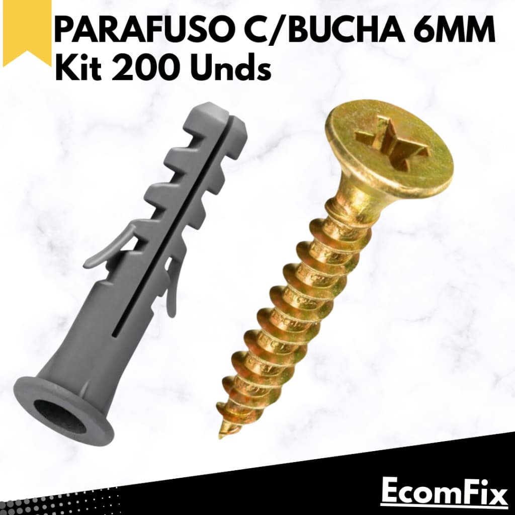 Parafuso com Bucha 6mm para Parede – Kit 200 Peças (100 Parafusos 3,5x40 + 100 Buchas Anel 6mm)