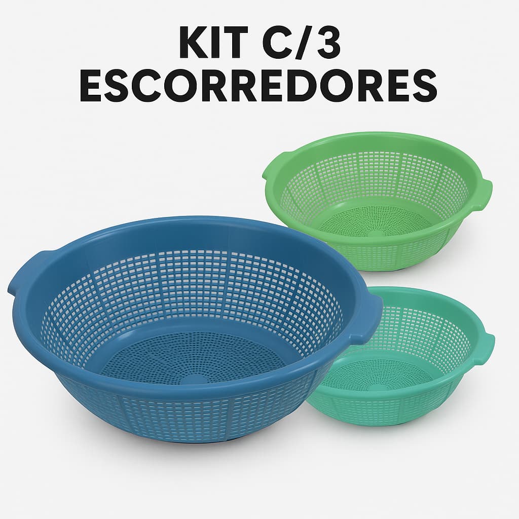 Escorredor de Plástico Redondo – Kit 3 Unidades Lava Tudo – Cozinha Prática
