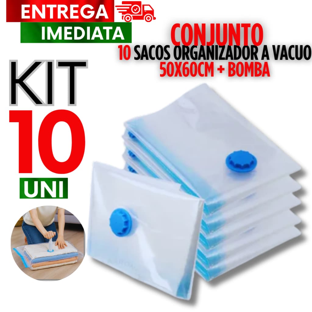 Jogo com 10 Sacos a Vácuo 50x60 Zíper Embalar Organizador de Roupas etc. + Bomba de Qualidade