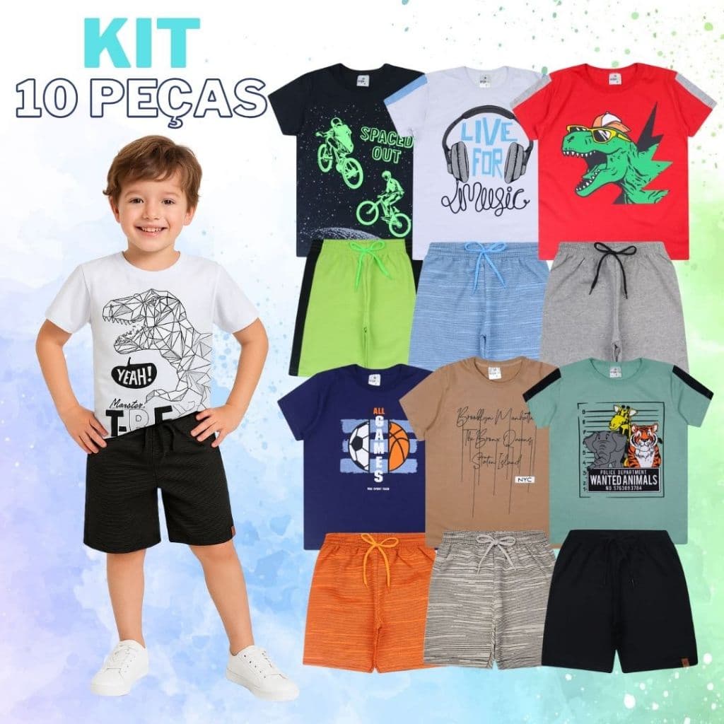 Kit Sortido 10 Peças de Roupas Infantil Menino Verão - Kit 5 Conjunto Infantil - 5 Camisetas + 5 Bermudas Barato Atacado