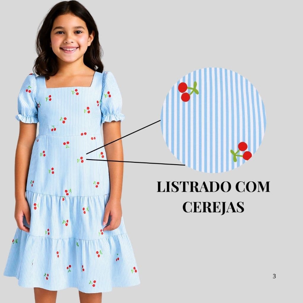 Vestido juvenil  Curto Listrado infantil menina com mangas gola quadrada (2 aos 16 anos)