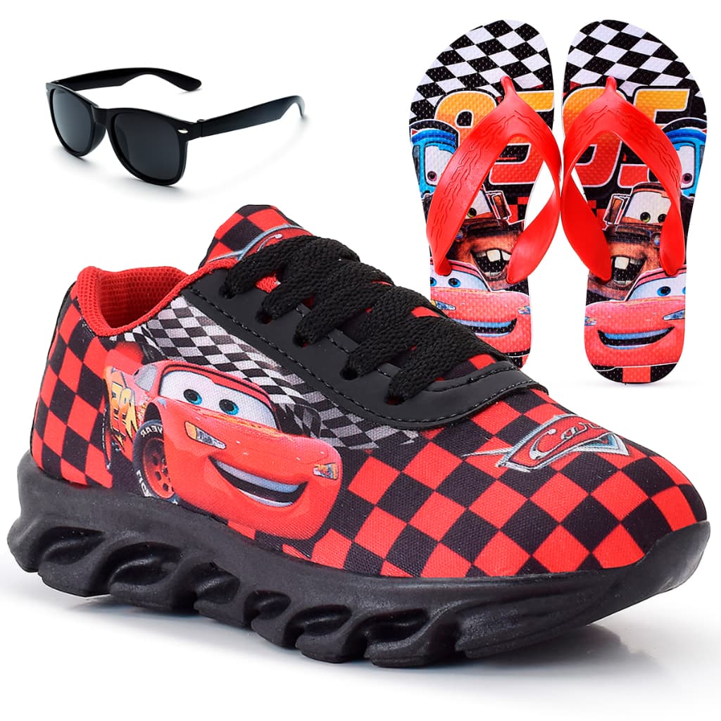 Kit Tênis Infantil Relâmpago Mcqueen + Chinelo Infantil + Óculos Henry Kids