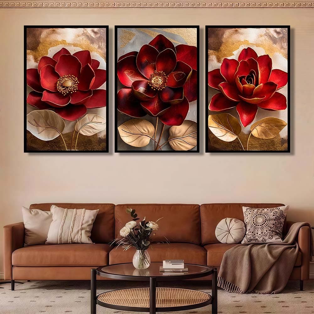 Kit 3 Quadros Decorativos Flores Vermelhas Grandes Luxo Folhas Douradas 120x60cm Decorar Sala Quarto Copa​