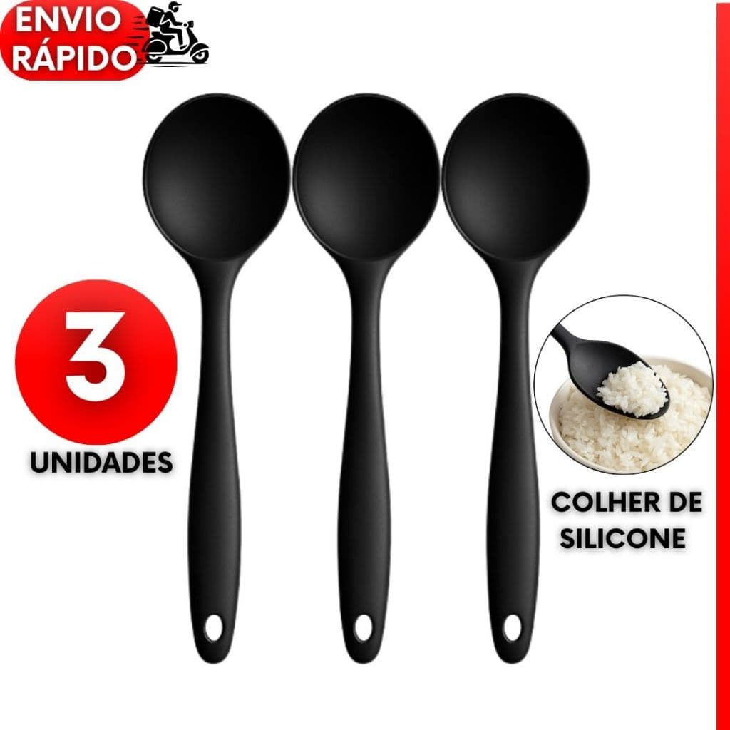 Kit 3 ou 2 un Colher Redonda de Silicone 27cm Grande Peças Preta Premium