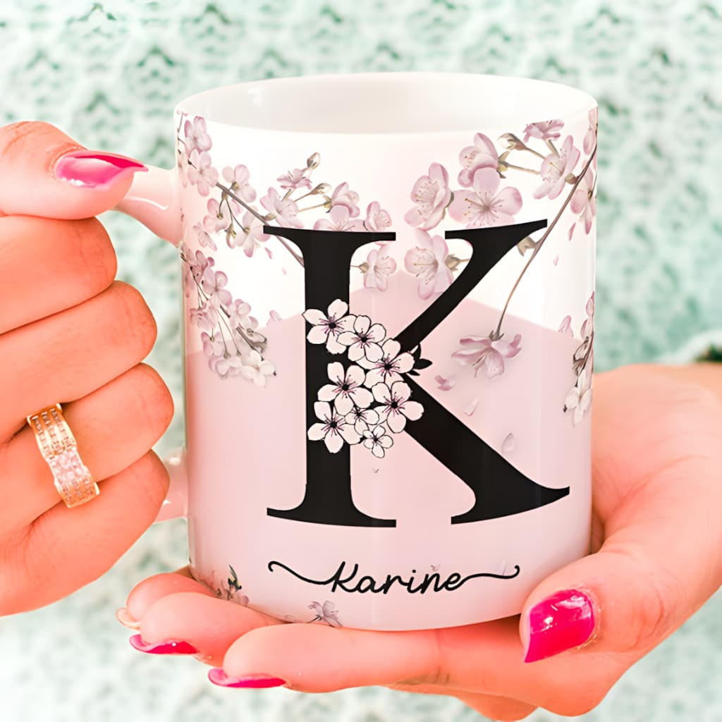 Caneca Porcelana Personalizada Nome Floral, Xicara Porcelana Flor Cerejeira Presente
