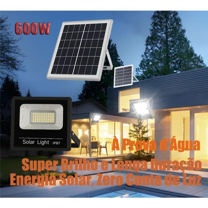 Holofote LED Solar 600W - Super Potente, À Prova D'água, com Controle Remoto e Autonomia