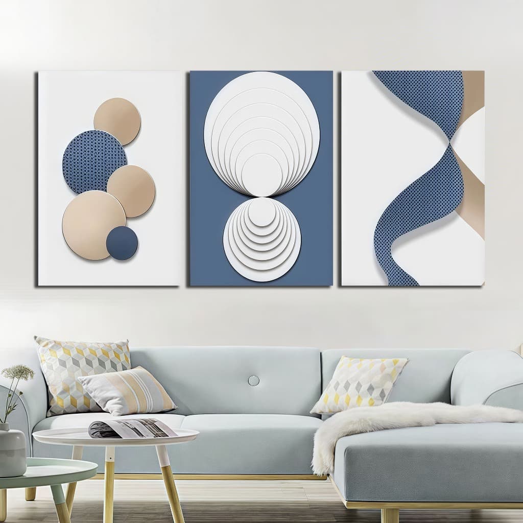 Kit 3 Quadros Decorativos Moderno Geométrico Abstrato Azul branco Dourado Decoração Casa Sala De Estar Quarto Hall