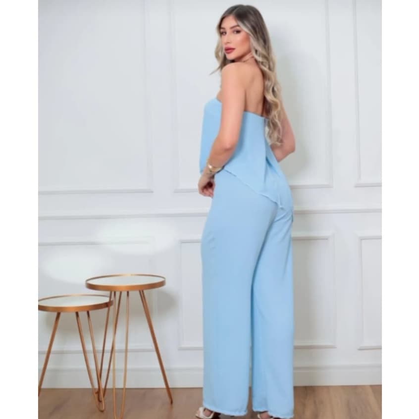 Macacão Feminino Azul Pasatel Duna Modelo Assimétrico Luxo Elegante