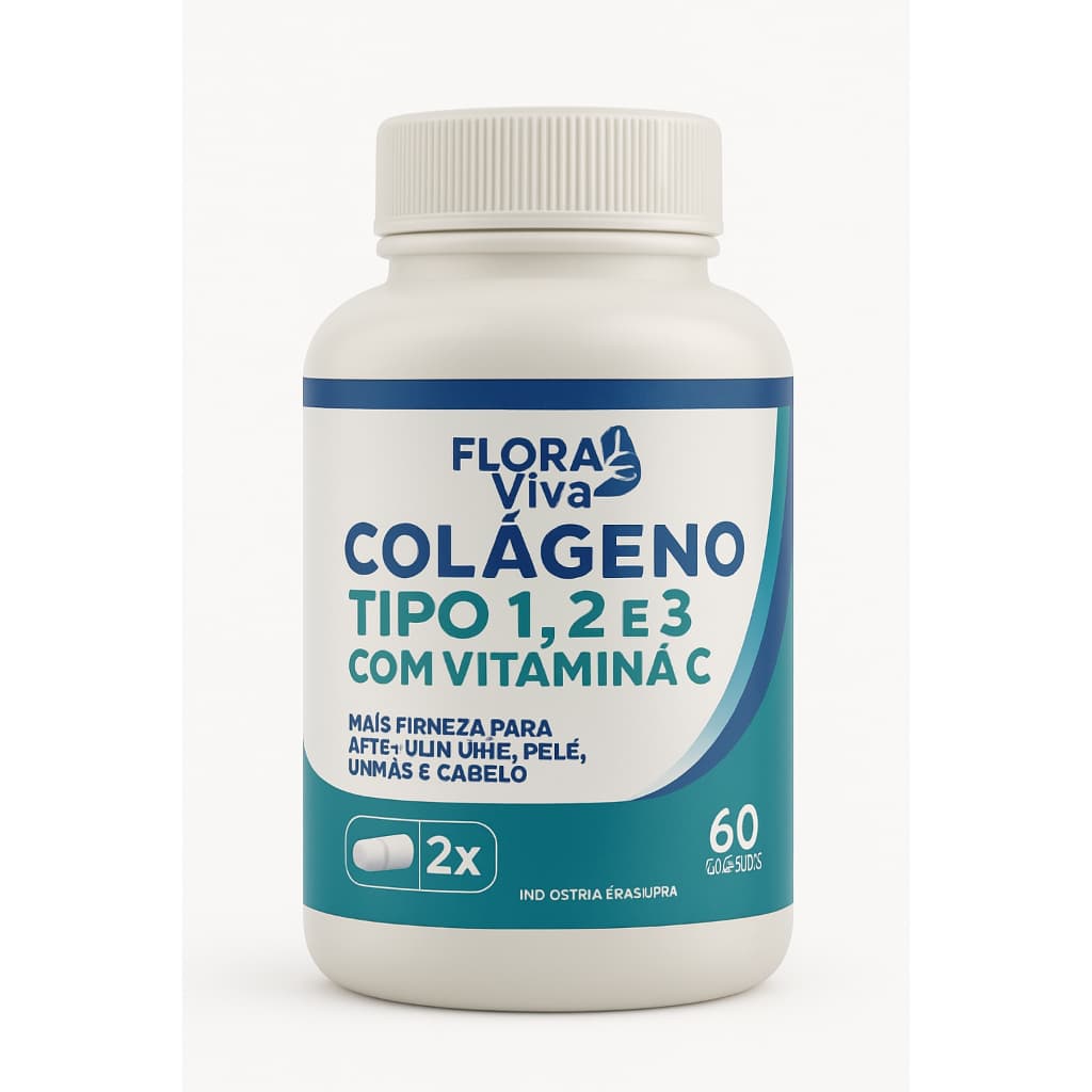 Colágeno Tipo 1 2 e 3 60 Cápsulas 500mg – Articulações, Pele e Ossos | Suplemento Alimentar Flora Viva