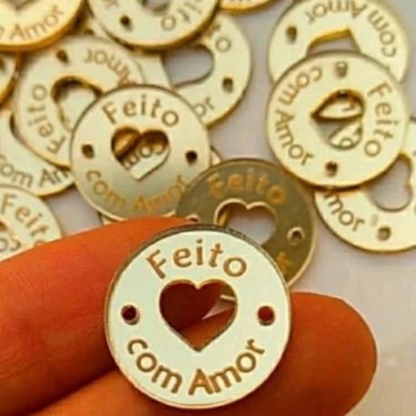 Tag Acrílico Espelhado Vazado Feito com Amor 2 cm Com Sem Furo Dourado Prata Rosé