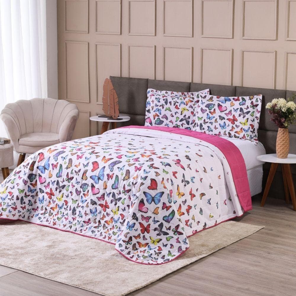 Cobre Leito Para Cama Casal Queen 3 Peças 100% Algodão Estampa Borboleta