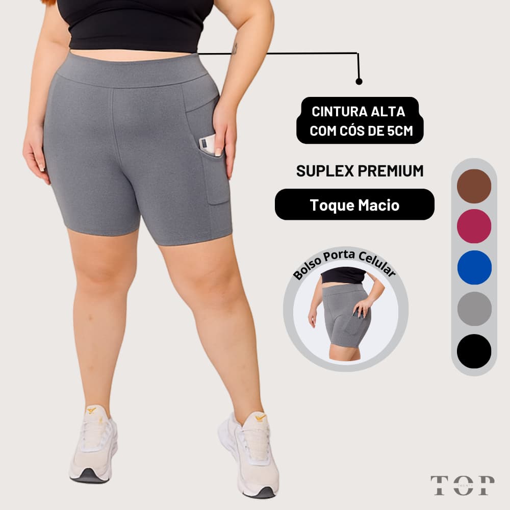 Short Legging Feminino Plus Size Com Bolso Porta Celular Cintura Alta Cós Largo
