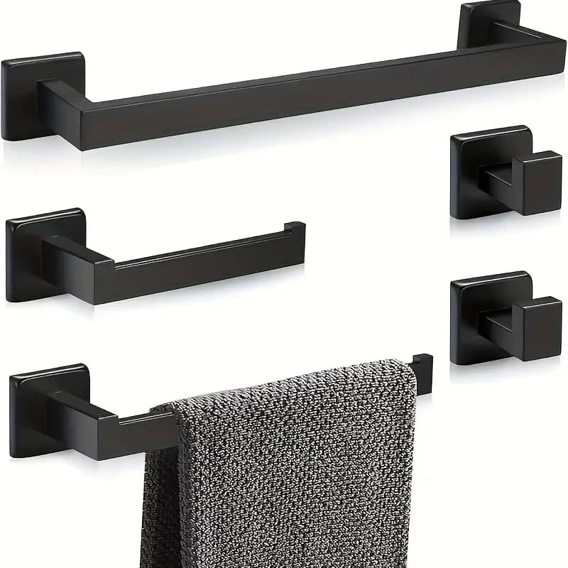 Kit Acessórios Para Banheiro 5 Peças Inox Quadrado 60cm Toalheiro De Banheiro Preto/Dourado/Prata
