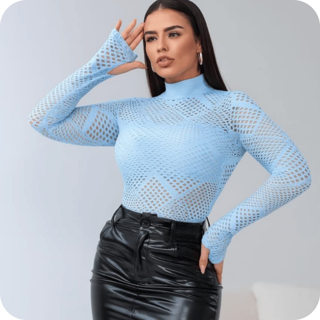 Body  Arrastão Renda  Feminino Cavado Manga Longa  Gola Alta– Tendência do Momento Inverno