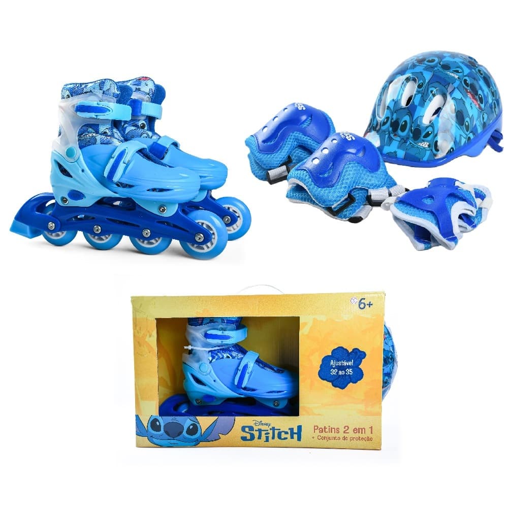 Patins Infantil 32-35 Stitch com Proteção Capacete, Cotoveleira e Joelheira Azul Disney