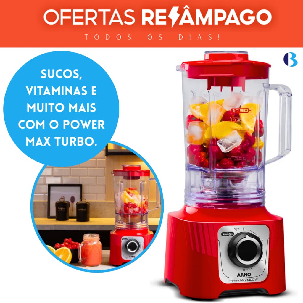 Liquidificador Power Max Turbo 15 Velocidades Vermelho Para Sucos E Triturar Gelo 3L 1400W 127V Arno