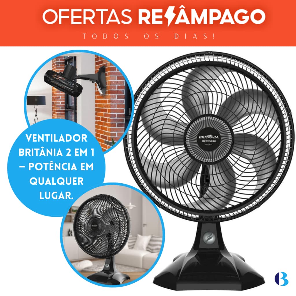 Ventilador De Mesa 2 Em 1 Potente E Silêncioso Maxx Force Preto 40cm BVT400 127V Britania