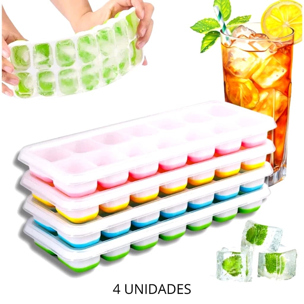 Kit 4 Formas de Gelo Silicone com Tampa Rígida Flexível Fundo 14 Cubos Retangular Multiuso Lavável