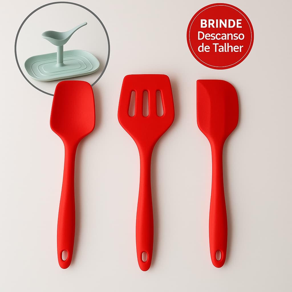 Espátula de Silicone: Reta, Vazada, Pão Duro [BRINDE – DESCANSO MULTIUSO].