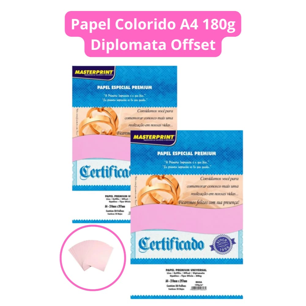 Papel Colorido A4 180g Diplomata Offset 100 Fls Masterprint Cor Rosa Oferta!!!