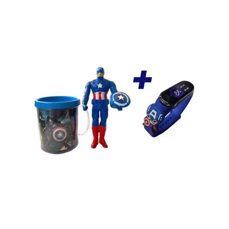 Kit Temático caneca Sonic / Stitch / Batman / Homem de Ferro : Relógio, Caneca e Boneco
