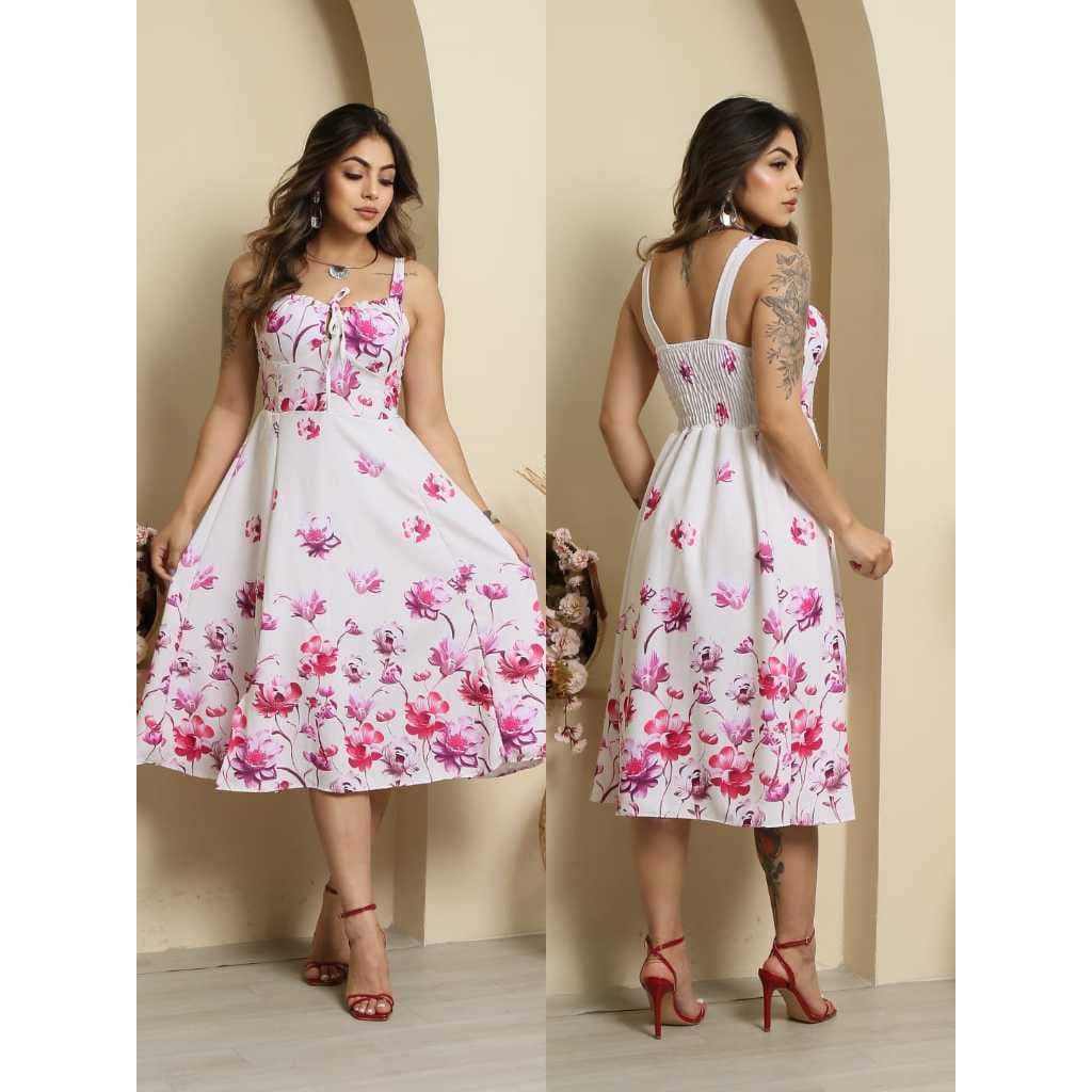 VESTIDO MIDI ROMANTICO  ESTAMPA FLORAL 3D VARADO  POSEI BOJO  ELASTEX EN LAS COSTA